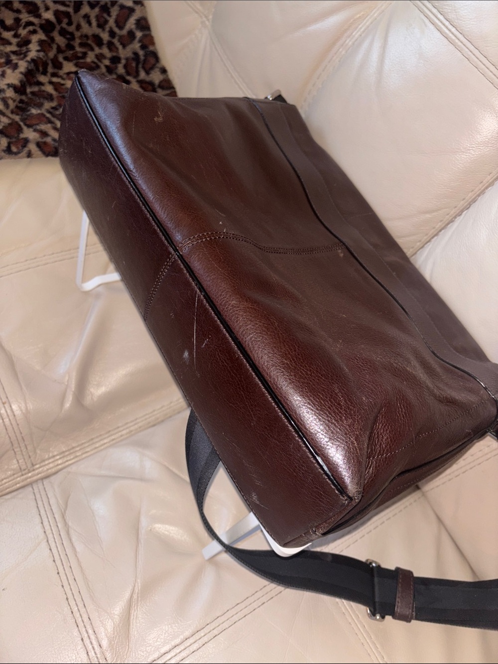 Coach Men's Brown Leather Messenger Bag with Stripe Strap - Picture 13 of 15